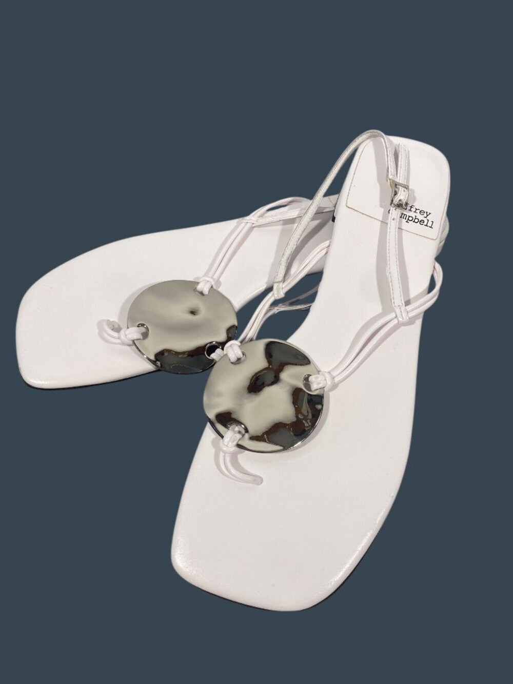Jeffrey Campbell Chance White Strappy Flat Sandal shoes Silver Disc women's 9